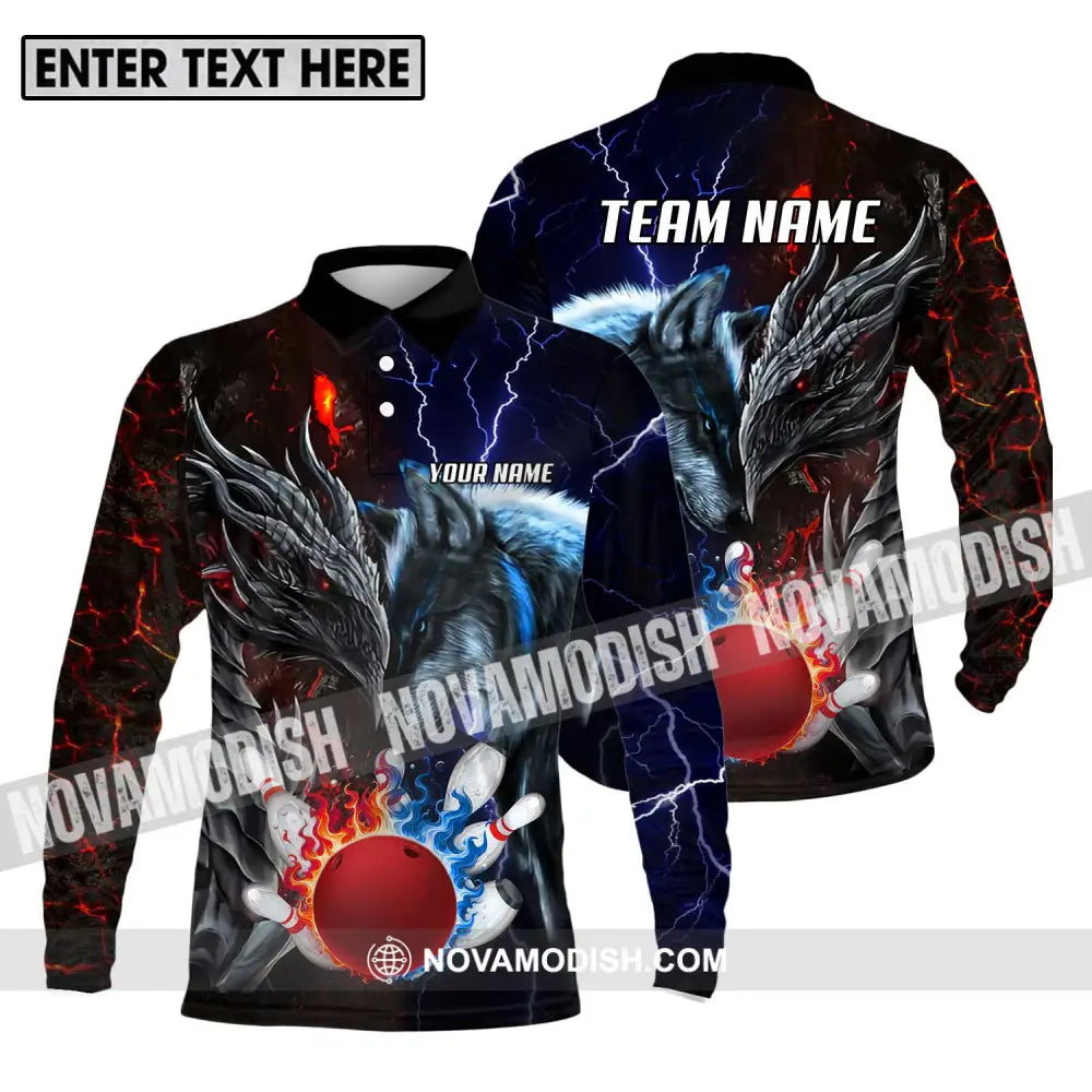 Unisex Shirt - Custom Name And Team Name Sport Shirt Fire Ice Bowling King Long Sleeve Polo / S T-shirt