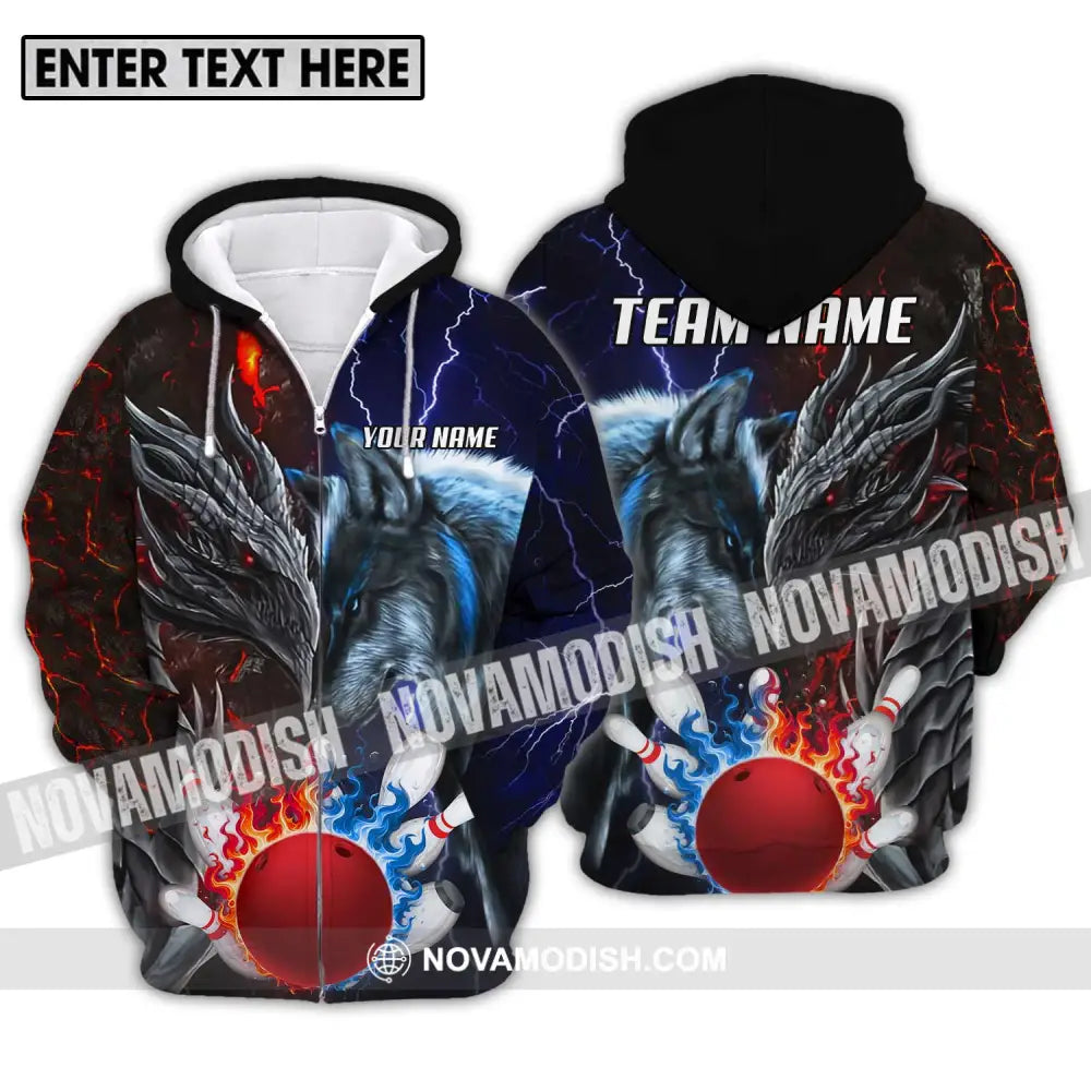 Unisex Shirt - Custom Name And Team Name Sport Shirt Fire Ice Bowling King Zipper Hoodie / S T-shirt