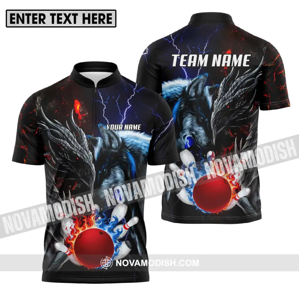 Unisex Shirt - Custom Name And Team Name Sport Shirt Fire Ice Bowling King Zipper Polo Shirt / S T-shirt