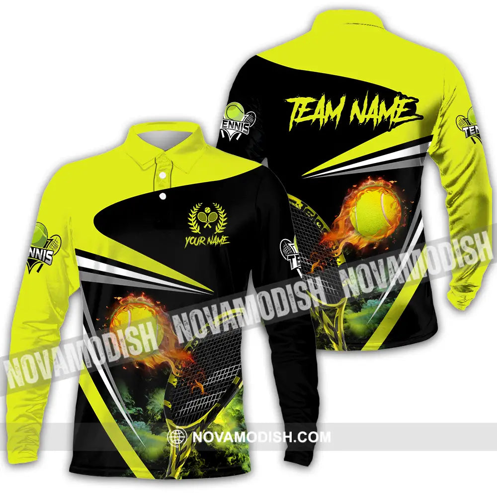 Unisex Shirt - Custom Name And Team Name Sport Shirt Fire Tennis Ball Long Sleeve Polo / S T-shirt