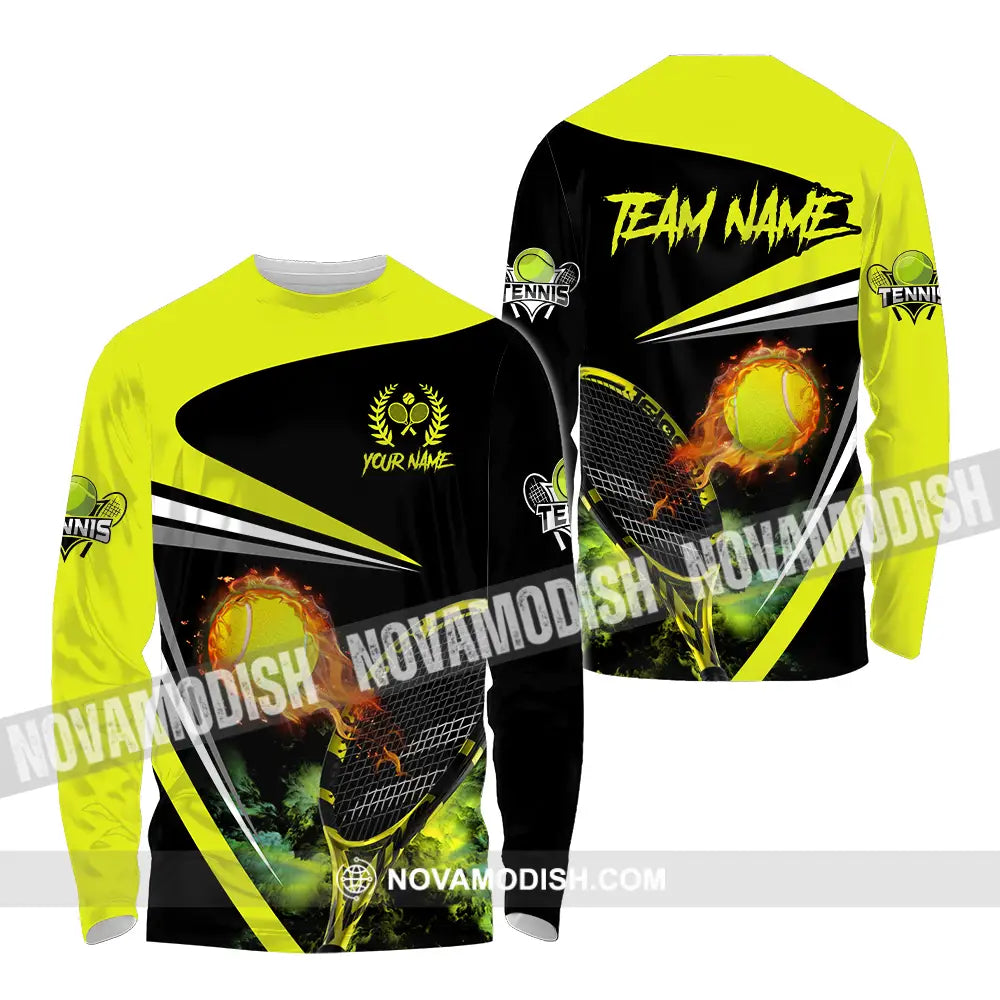 Unisex Shirt - Custom Name And Team Name Sport Shirt Fire Tennis Ball Long Sleeve Shirt / S T-shirt