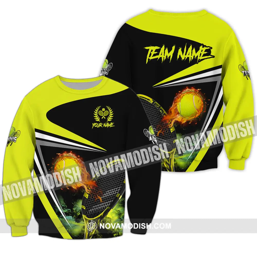 Unisex Shirt - Custom Name And Team Name Sport Shirt Fire Tennis Ball Long Sleeve / S T-shirt