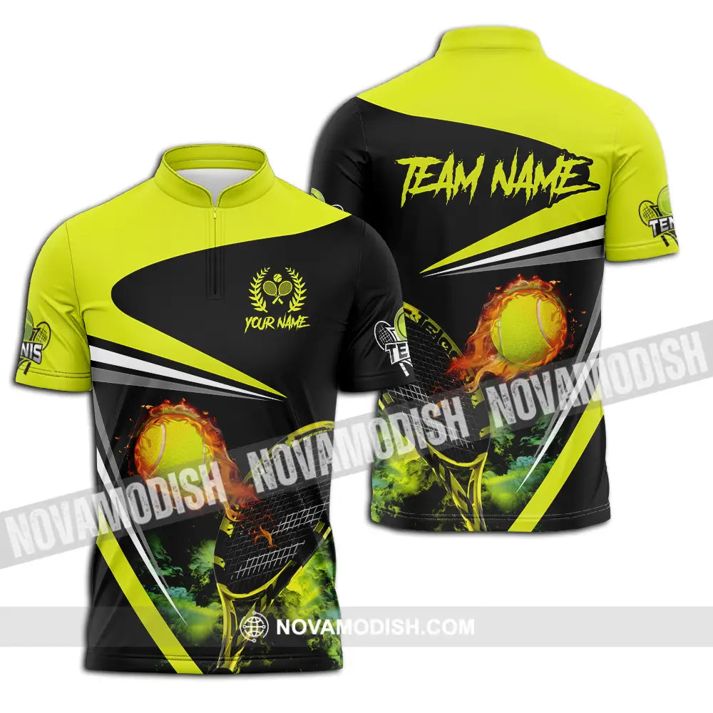 Unisex Shirt - Custom Name And Team Name Sport Shirt Fire Tennis Ball Zipper Polo Shirt / S T-shirt