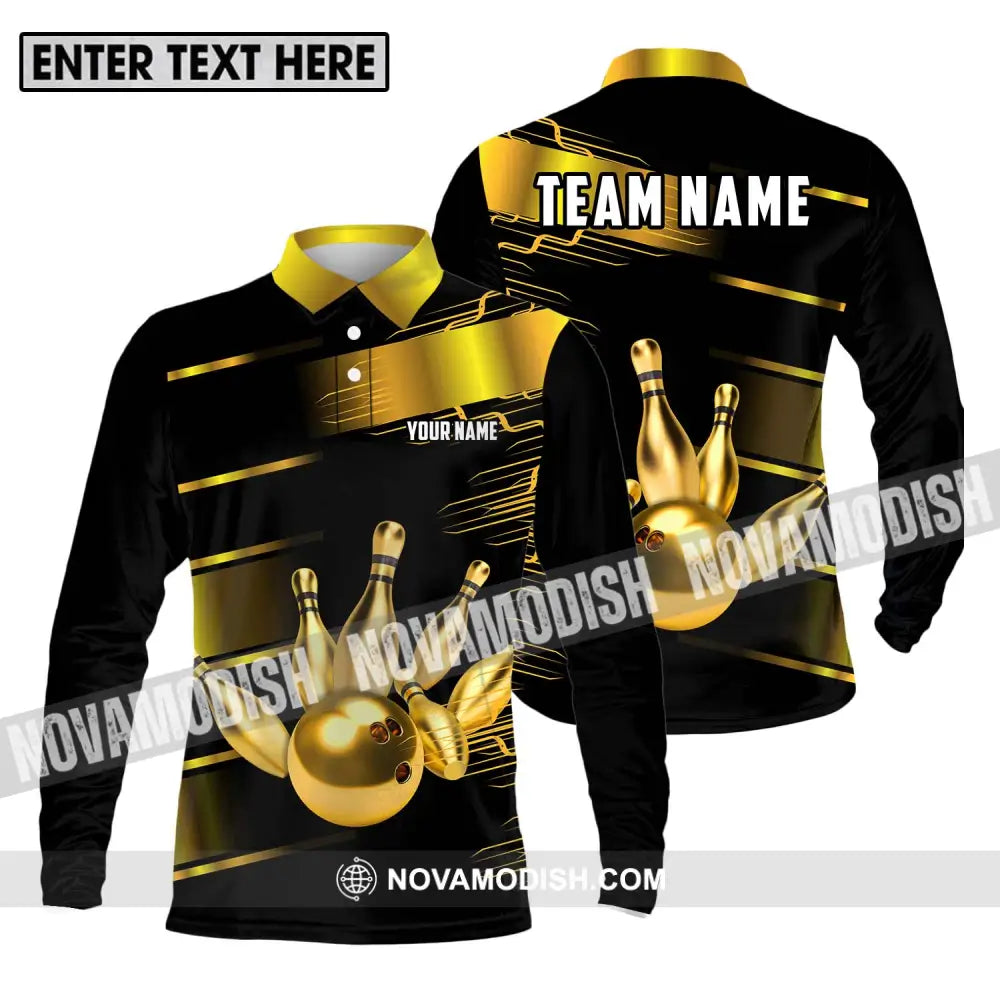 Unisex Shirt - Custom Name And Team Name Sport Shirt Gold Bowling Ball And Pins Long Sleeve Polo / S T-shirt