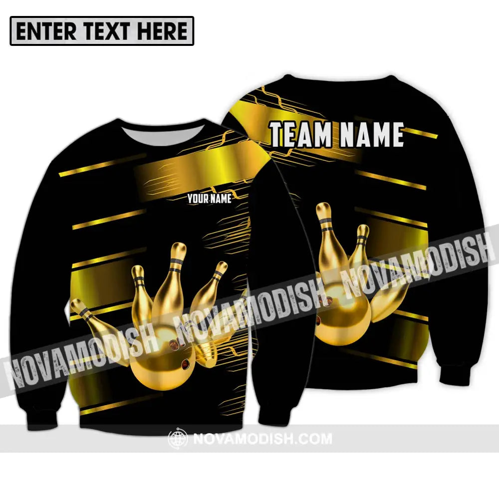 Unisex Shirt - Custom Name And Team Name Sport Shirt Gold Bowling Ball And Pins Long Sleeve / S T-shirt