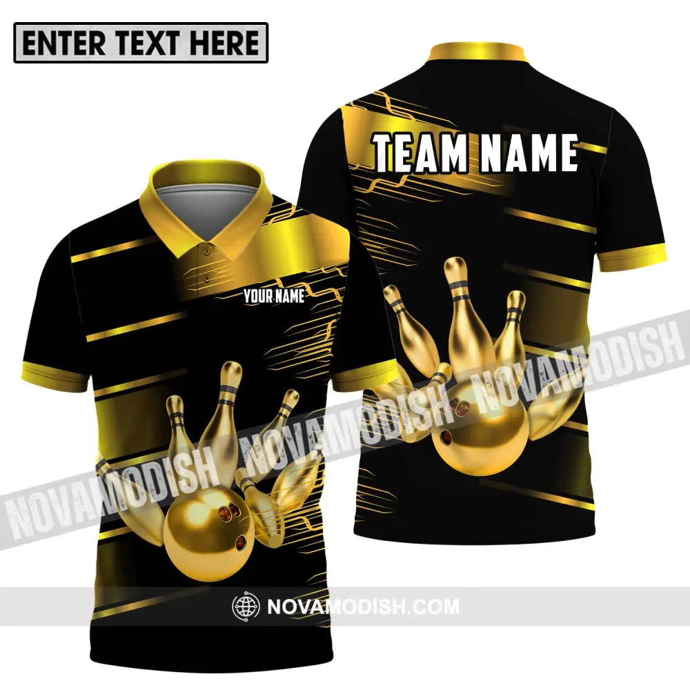 Unisex Shirt - Custom Name And Team Name Sport Shirt Gold Bowling Ball And Pins Polo Shirt / S T-shirt