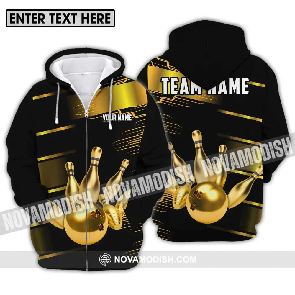 Unisex Shirt - Custom Name And Team Name Sport Shirt Gold Bowling Ball And Pins Zipper Hoodie / S T-shirt