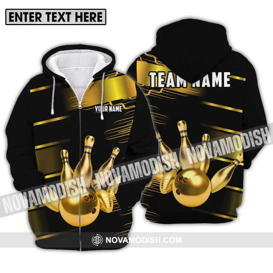 Unisex Shirt - Custom Name And Team Name Sport Shirt Gold Bowling Ball And Pins Zipper Hoodie / S T-shirt