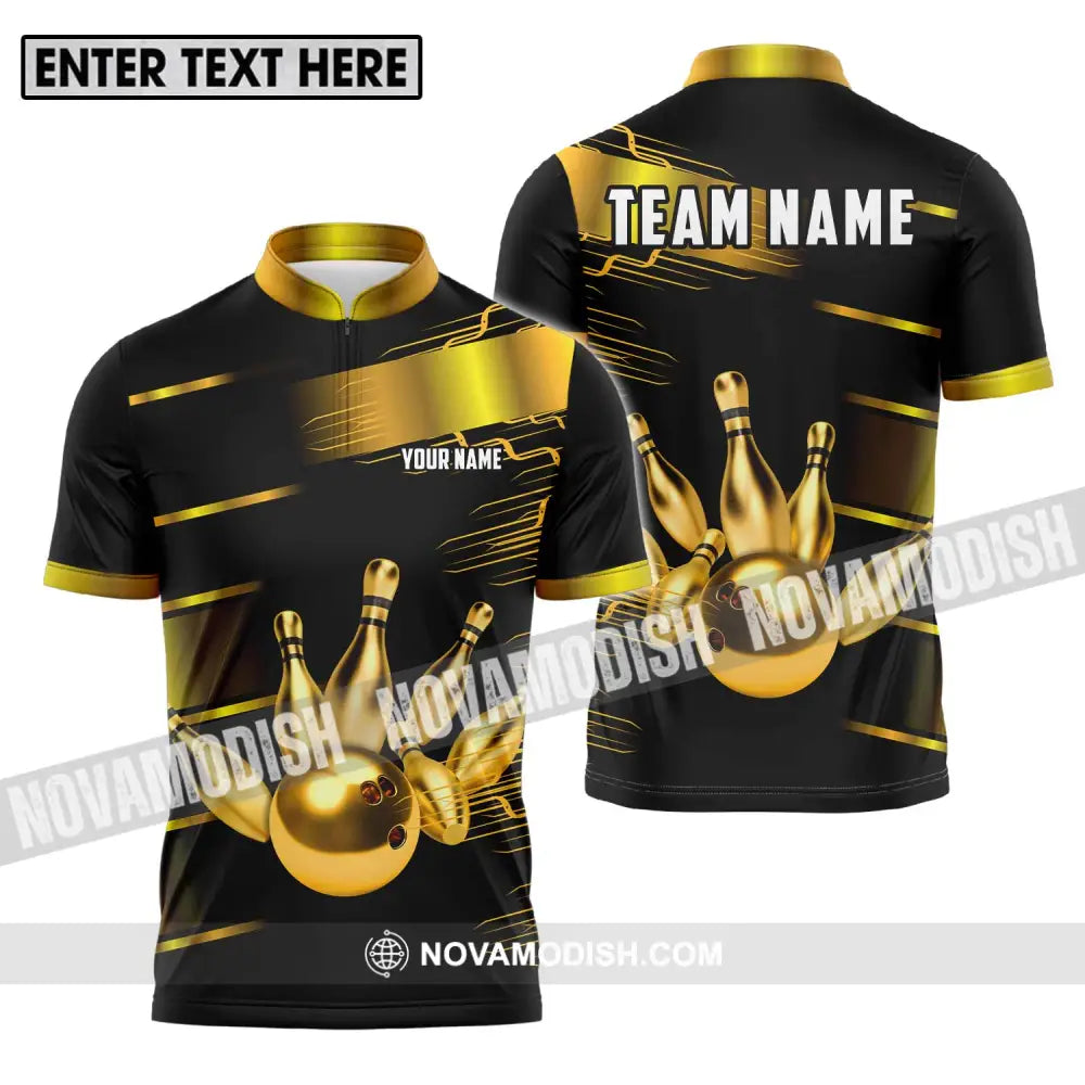 Unisex Shirt - Custom Name And Team Name Sport Shirt Gold Bowling Ball And Pins Zipper Polo Shirt / S T-shirt