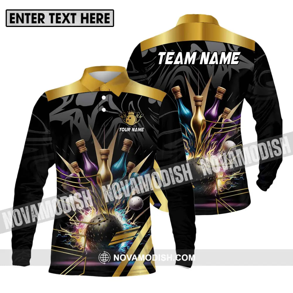 Unisex Shirt - Custom Name And Team Name Sport Shirt Golden Color Bowling Long Sleeve Polo / S T-shirt