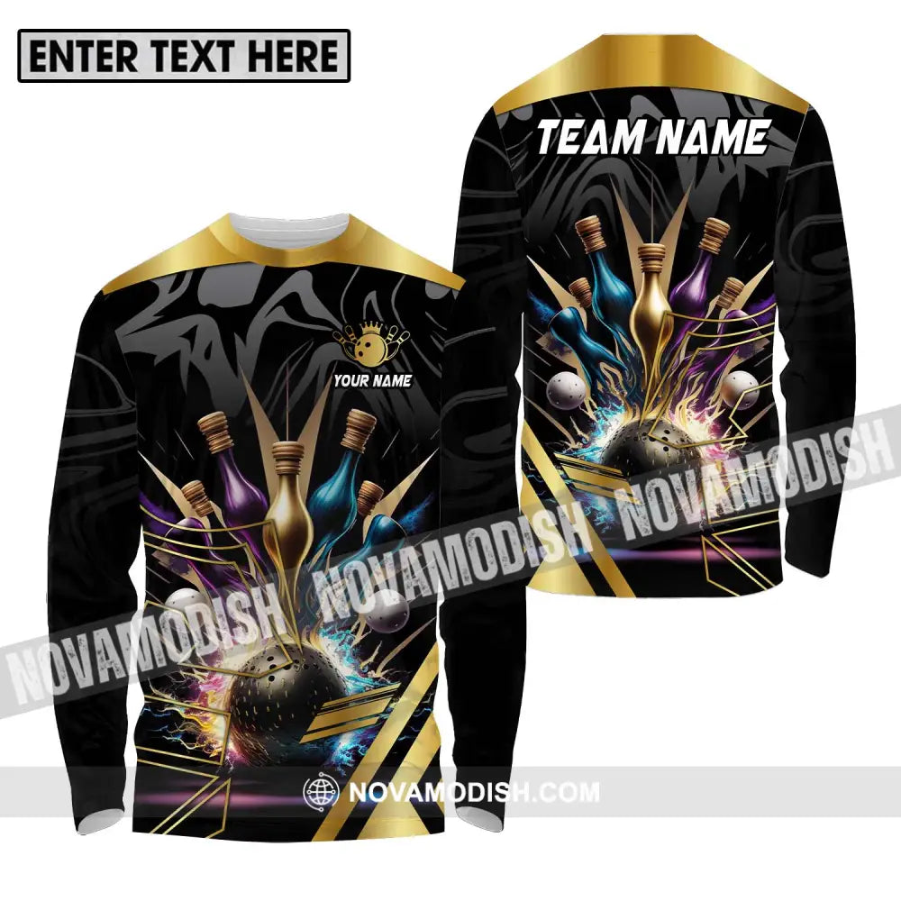 Unisex Shirt - Custom Name And Team Name Sport Shirt Golden Color Bowling Long Sleeve Shirt / S T-shirt