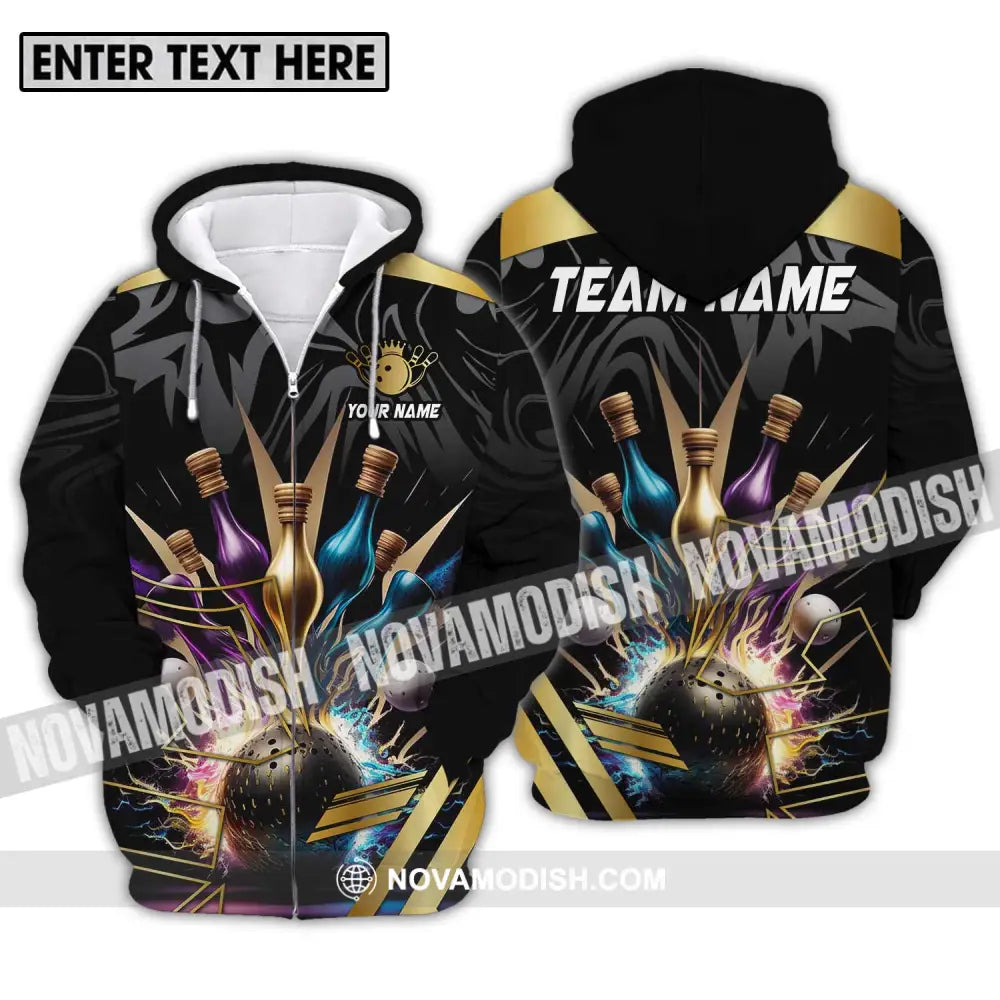 Unisex Shirt - Custom Name And Team Name Sport Shirt Golden Color Bowling Zipper Hoodie / S T-shirt