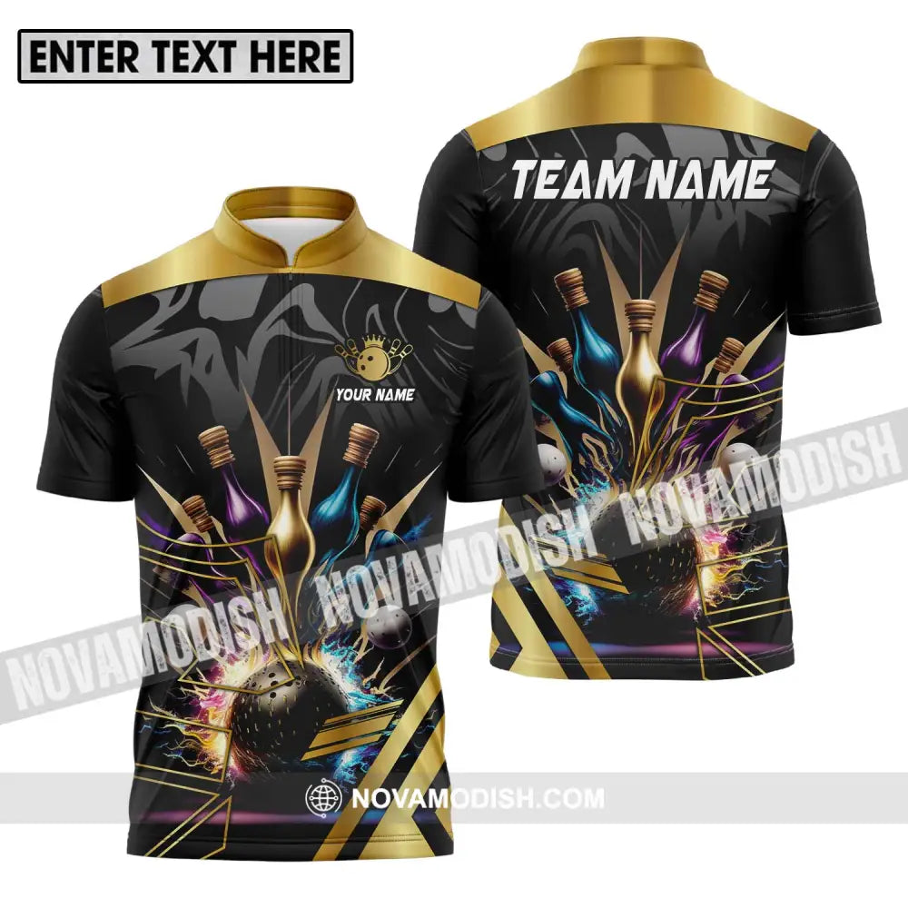 Unisex Shirt - Custom Name And Team Name Sport Shirt Golden Color Bowling Zipper Polo Shirt / S T-shirt