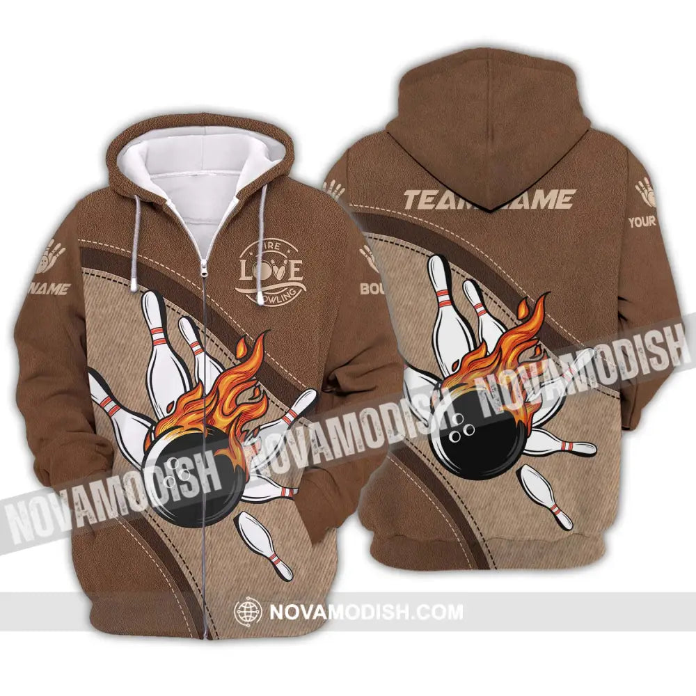Unisex Shirt - Custom Name And Team Name Sport Shirt Love Fire Bowling Zipper Hoodie / S T-shirt
