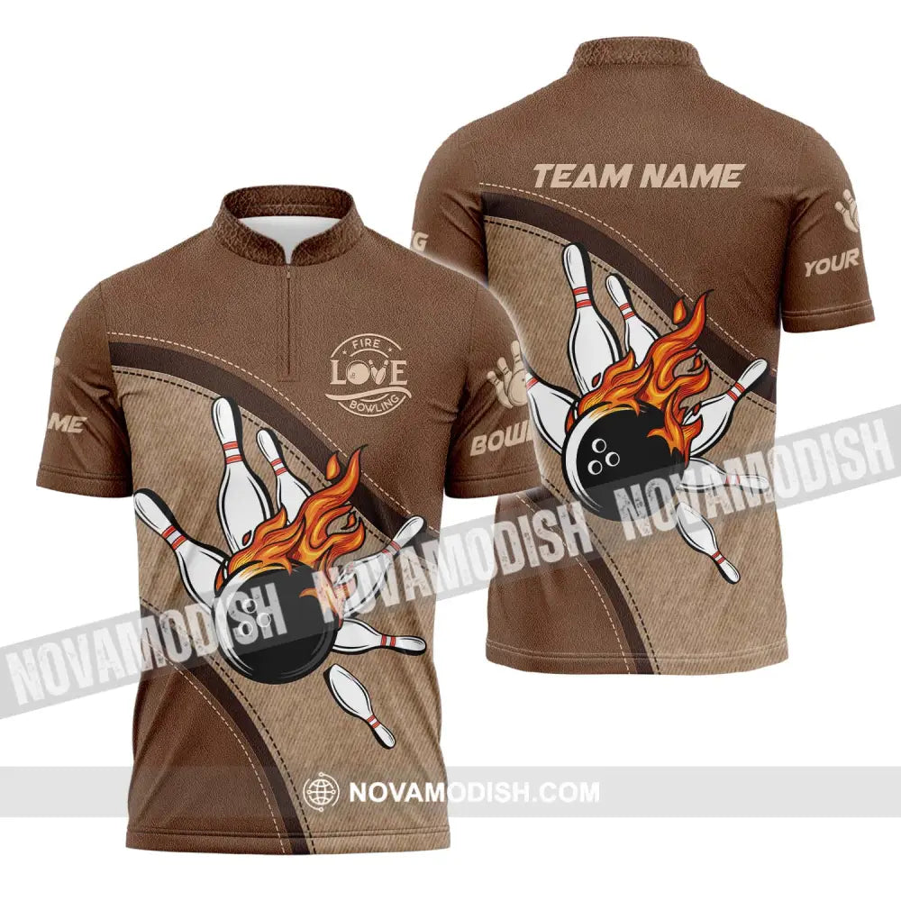 Unisex Shirt - Custom Name And Team Name Sport Shirt Love Fire Bowling Zipper Polo Shirt / S T-shirt