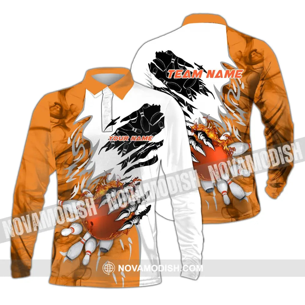 Unisex Shirt - Custom Name And Team Name Sport Shirt Orange Bowling Long Sleeve Polo / S T-shirt