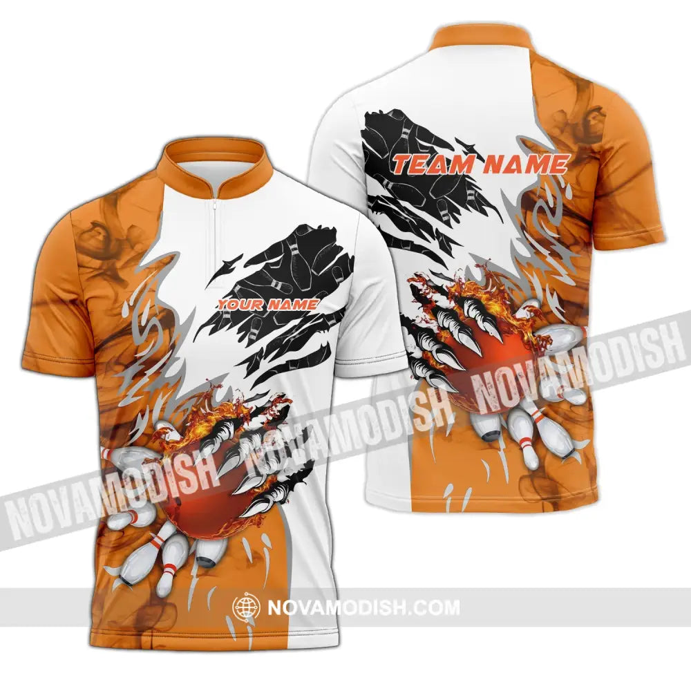 Unisex Shirt - Custom Name And Team Name Sport Shirt Orange Bowling Zipper Polo Shirt / S T-shirt