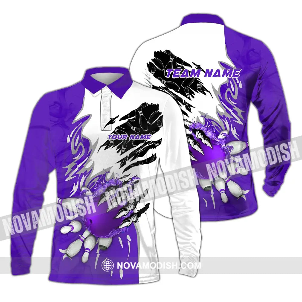 Unisex Shirt - Custom Name And Team Name Sport Shirt Purple Bowling Long Sleeve Polo / S T-shirt