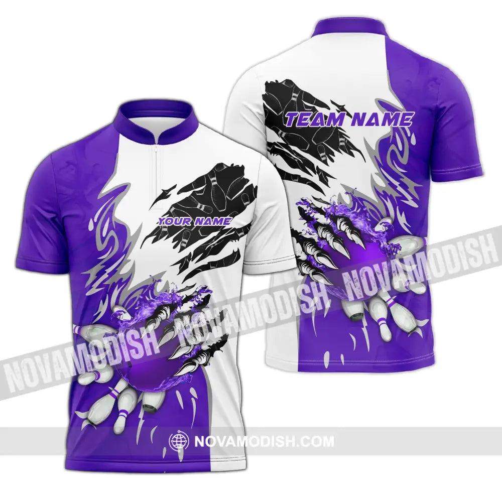Unisex Shirt - Custom Name And Team Name Sport Shirt Purple Bowling Zipper Polo Shirt / S T-shirt