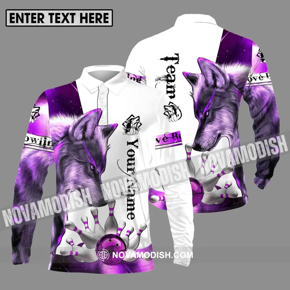 Unisex Shirt - Custom Name And Team Name Sport Shirt Purple Wolf Bowling Long Sleeve Polo / S T-shirt