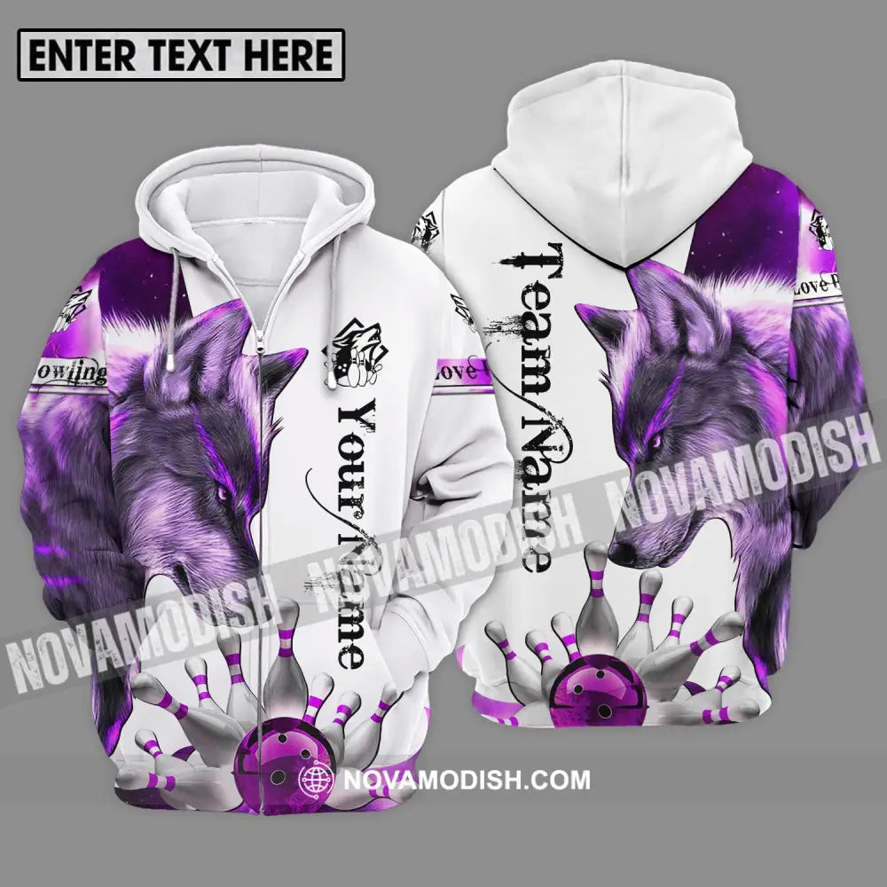 Unisex Shirt - Custom Name And Team Name Sport Shirt Purple Wolf Bowling Zipper Hoodie / S T-shirt