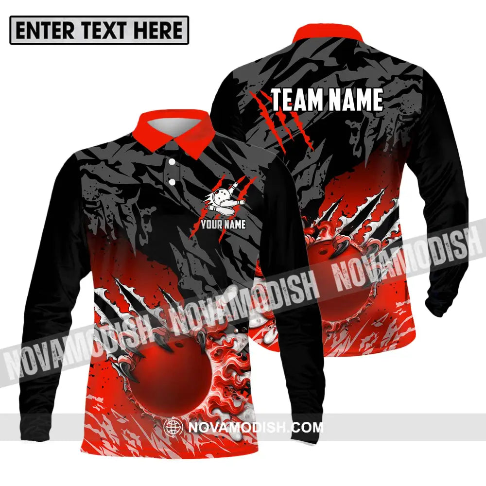 Unisex Shirt - Custom Name And Team Name Sport Shirt Red Bowling Ball And Pins Long Sleeve Polo / S T-shirt