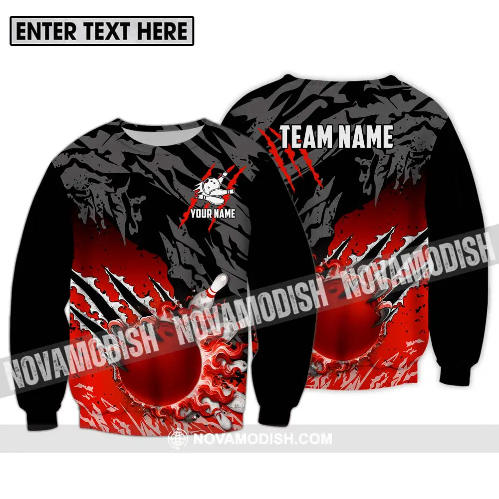 Unisex Shirt - Custom Name And Team Name Sport Shirt Red Bowling Ball And Pins Long Sleeve / S T-shirt