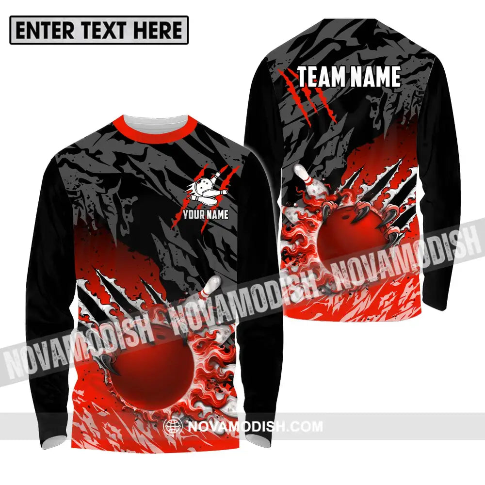 Unisex Shirt - Custom Name And Team Name Sport Shirt Red Bowling Ball And Pins Long Sleeve Shirt / S T-shirt