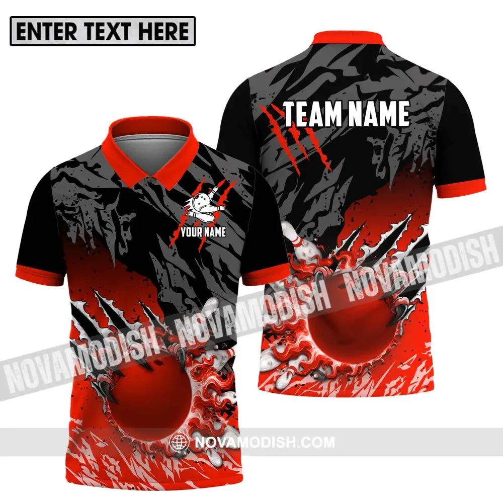 Unisex Shirt - Custom Name And Team Name Sport Shirt Red Bowling Ball And Pins Polo Shirt / S T-shirt