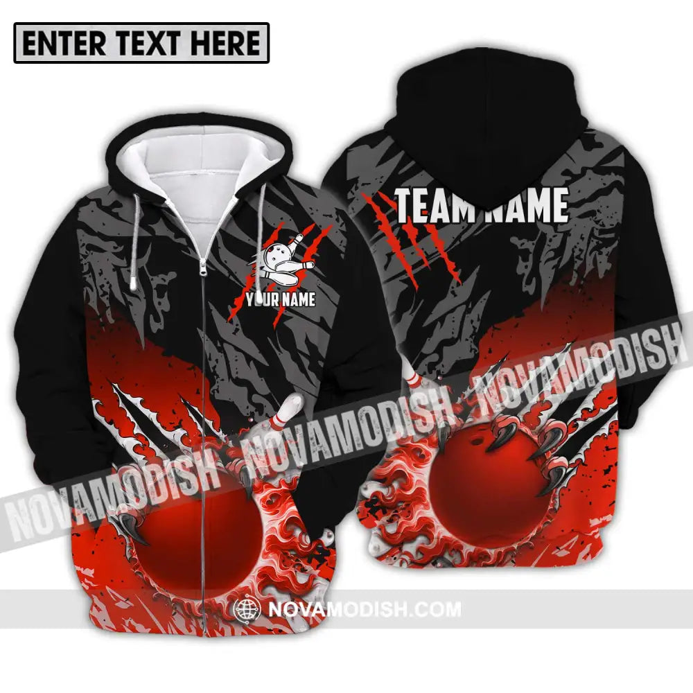 Unisex Shirt - Custom Name And Team Name Sport Shirt Red Bowling Ball And Pins Zipper Hoodie / S T-shirt