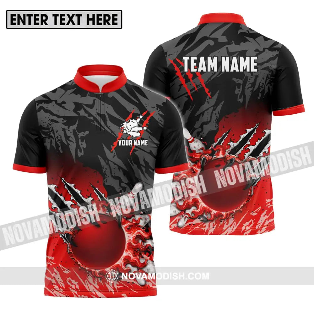 Unisex Shirt - Custom Name And Team Name Sport Shirt Red Bowling Ball And Pins Zipper Polo Shirt / S T-shirt