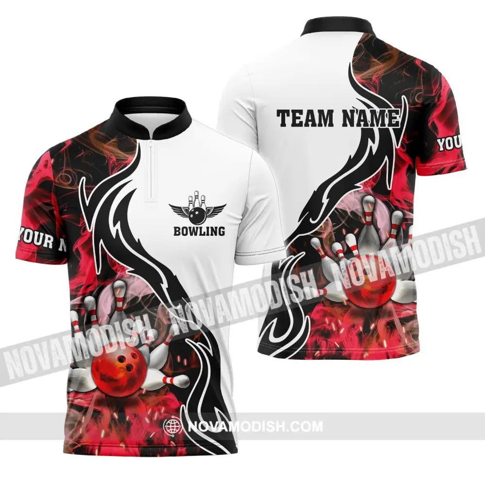 Unisex Shirt - Custom Name And Team Name Sport Shirt Red Bowling Zipper Polo Shirt / S T-shirt