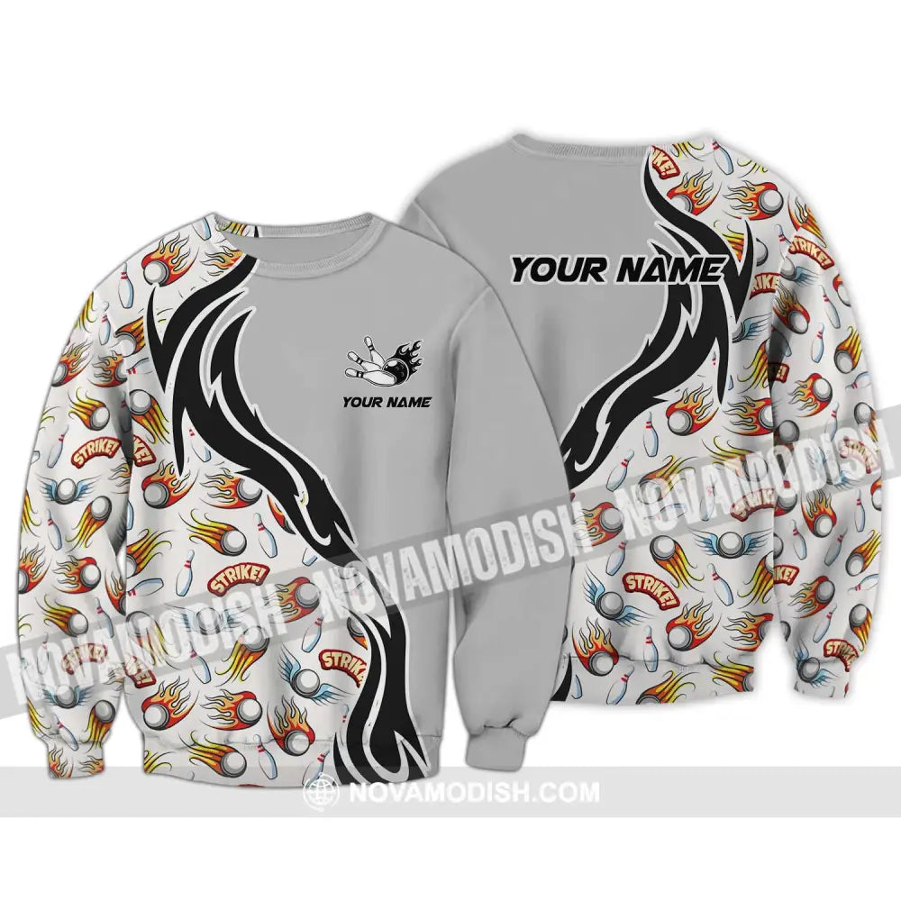 Unisex Shirt - Custom Name And Team Name Shirt Strike Fire Bowling Ball And Pins Long Sleeve / S T-shirt