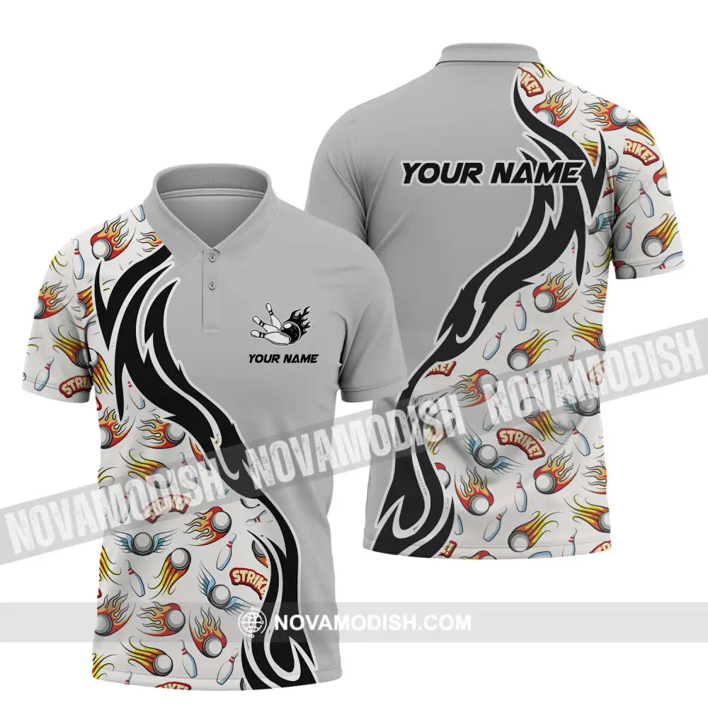 Unisex Shirt - Custom Name And Team Name Shirt Strike Fire Bowling Ball And Pins Polo Shirt / S T-shirt