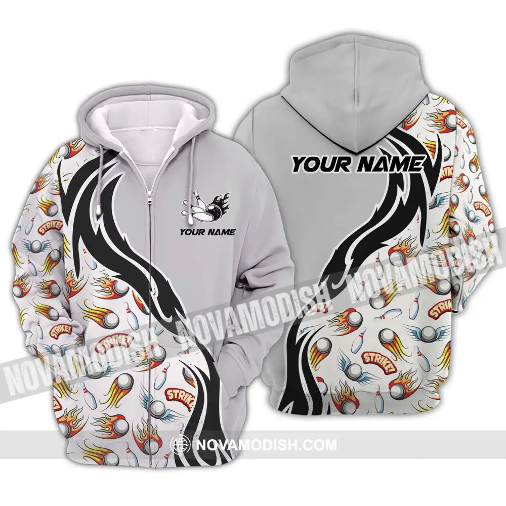 Unisex Shirt - Custom Name And Team Name Shirt Strike Fire Bowling Ball And Pins Zipper Hoodie / S T-shirt