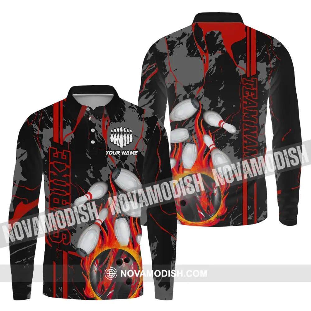 Unisex Shirt - Custom Name And Team Name Shirt Strike Fire Bowling Ball Player Shirt Long Sleeve Polo / S T-shirt