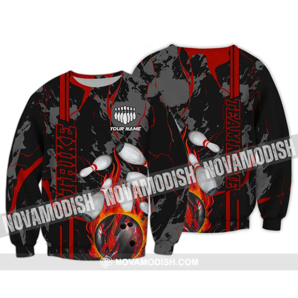 Unisex Shirt - Custom Name And Team Name Shirt Strike Fire Bowling Ball Player Shirt Long Sleeve / S T-shirt