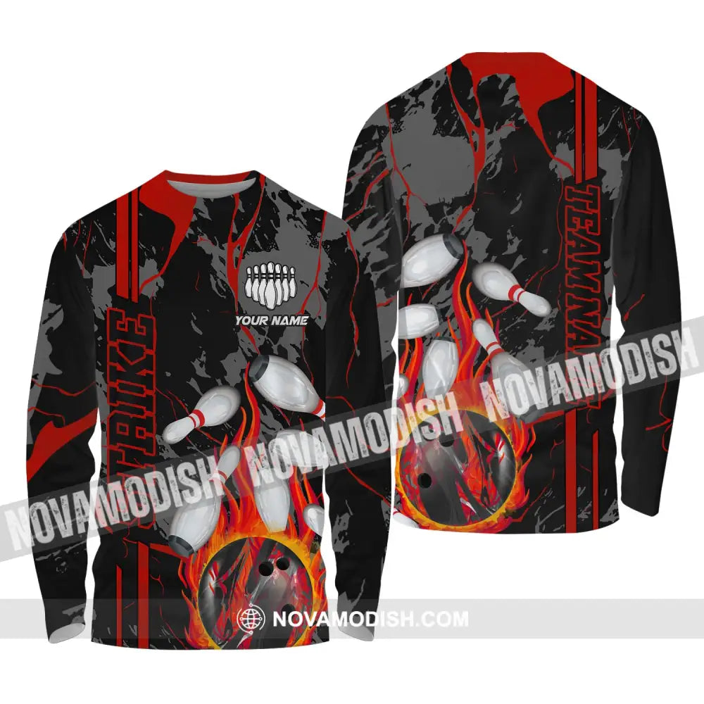 Unisex Shirt - Custom Name And Team Name Shirt Strike Fire Bowling Ball Player Shirt Long Sleeve Shirt / S T-shirt