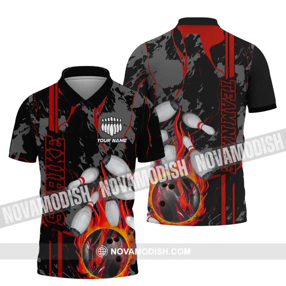 Unisex Shirt - Custom Name And Team Name Shirt Strike Fire Bowling Ball Player Shirt Polo Shirt / S T-shirt