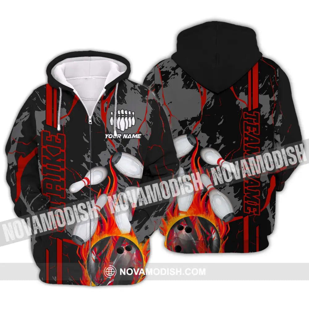 Unisex Shirt - Custom Name And Team Name Shirt Strike Fire Bowling Ball Player Shirt Zipper Hoodie / S T-shirt