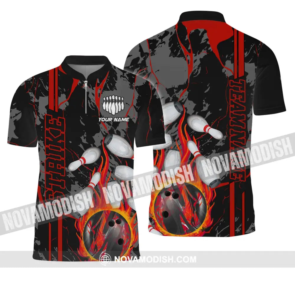 Unisex Shirt - Custom Name And Team Name Shirt Strike Fire Bowling Ball Player Shirt Zipper Polo Shirt / S T-shirt