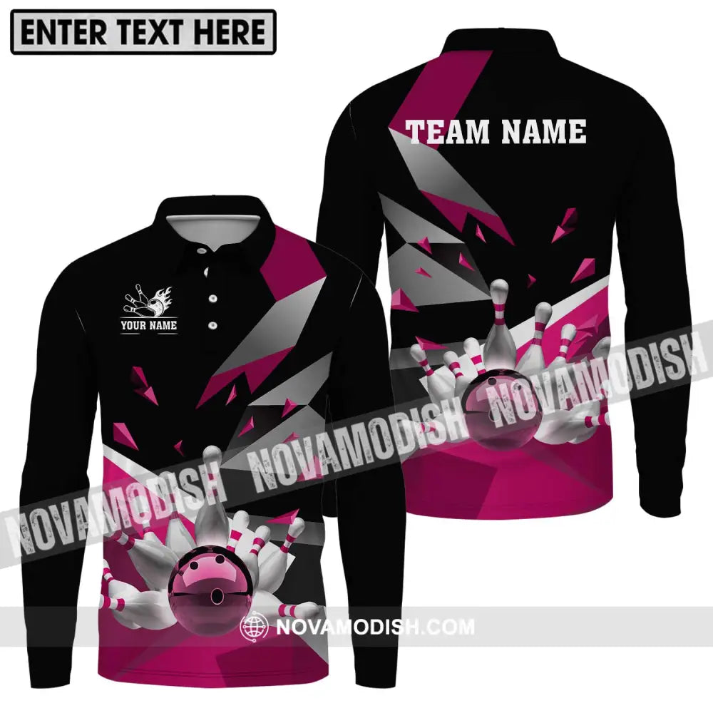 Unisex Shirt - Custom Name And Team Name Shirt White Bowling Pins Pink Shirt Long Sleeve Polo / S T-shirt