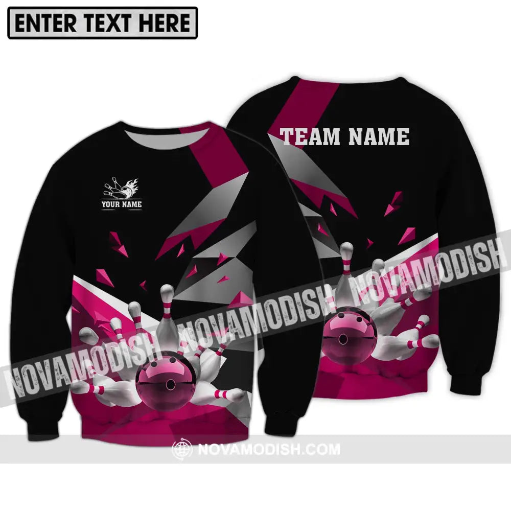 Unisex Shirt - Custom Name And Team Name Shirt White Bowling Pins Pink Shirt Long Sleeve / S T-shirt