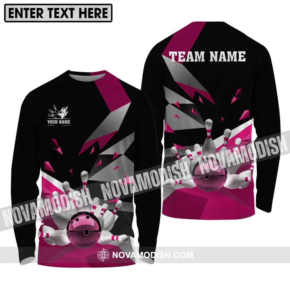 Unisex Shirt - Custom Name And Team Name Shirt White Bowling Pins Pink Shirt Long Sleeve Shirt / S T-shirt
