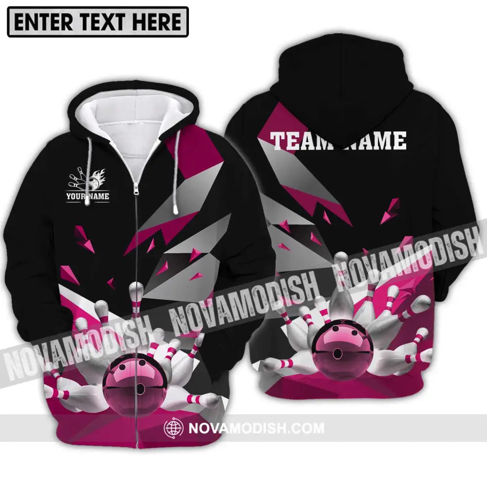 Unisex Shirt - Custom Name And Team Name Shirt White Bowling Pins Pink Shirt Zipper Hoodie / S T-shirt