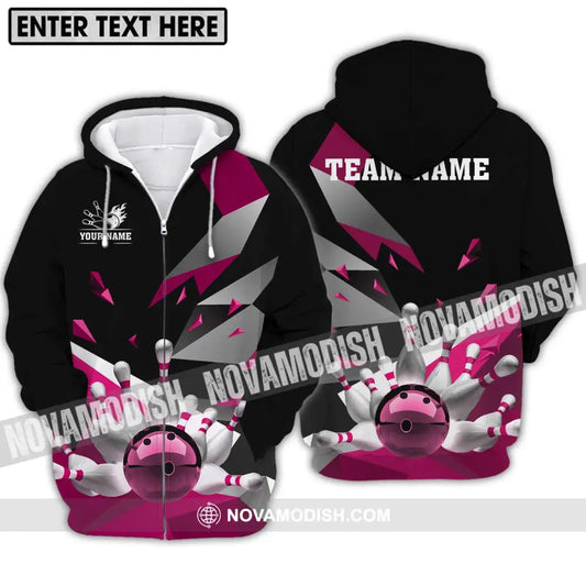 Unisex Shirt - Custom Name And Team Name Shirt White Bowling Pins Pink Shirt Zipper Hoodie / S T-shirt