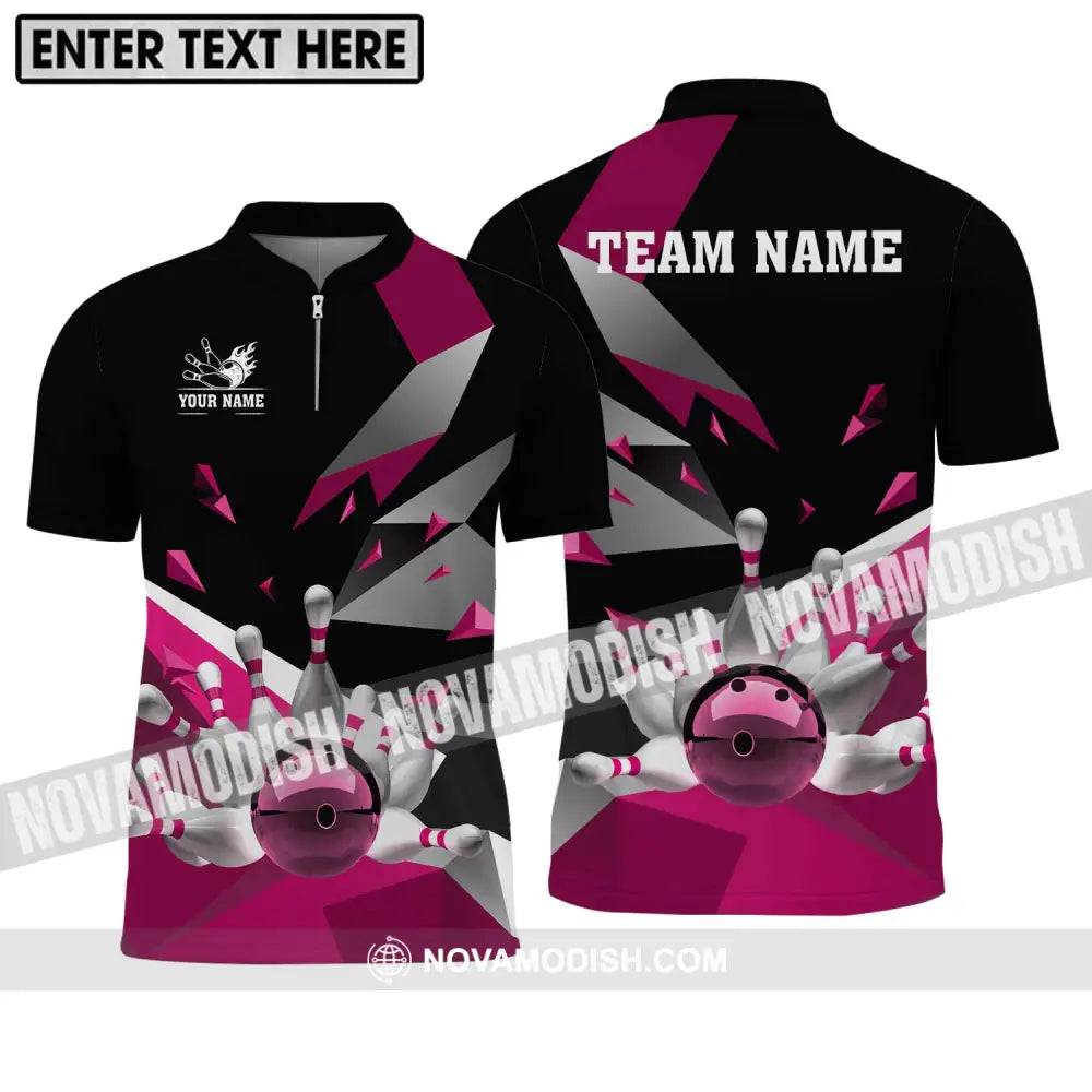 Unisex Shirt - Custom Name And Team Name Shirt White Bowling Pins Pink Shirt Zipper Polo Shirt / S T-shirt