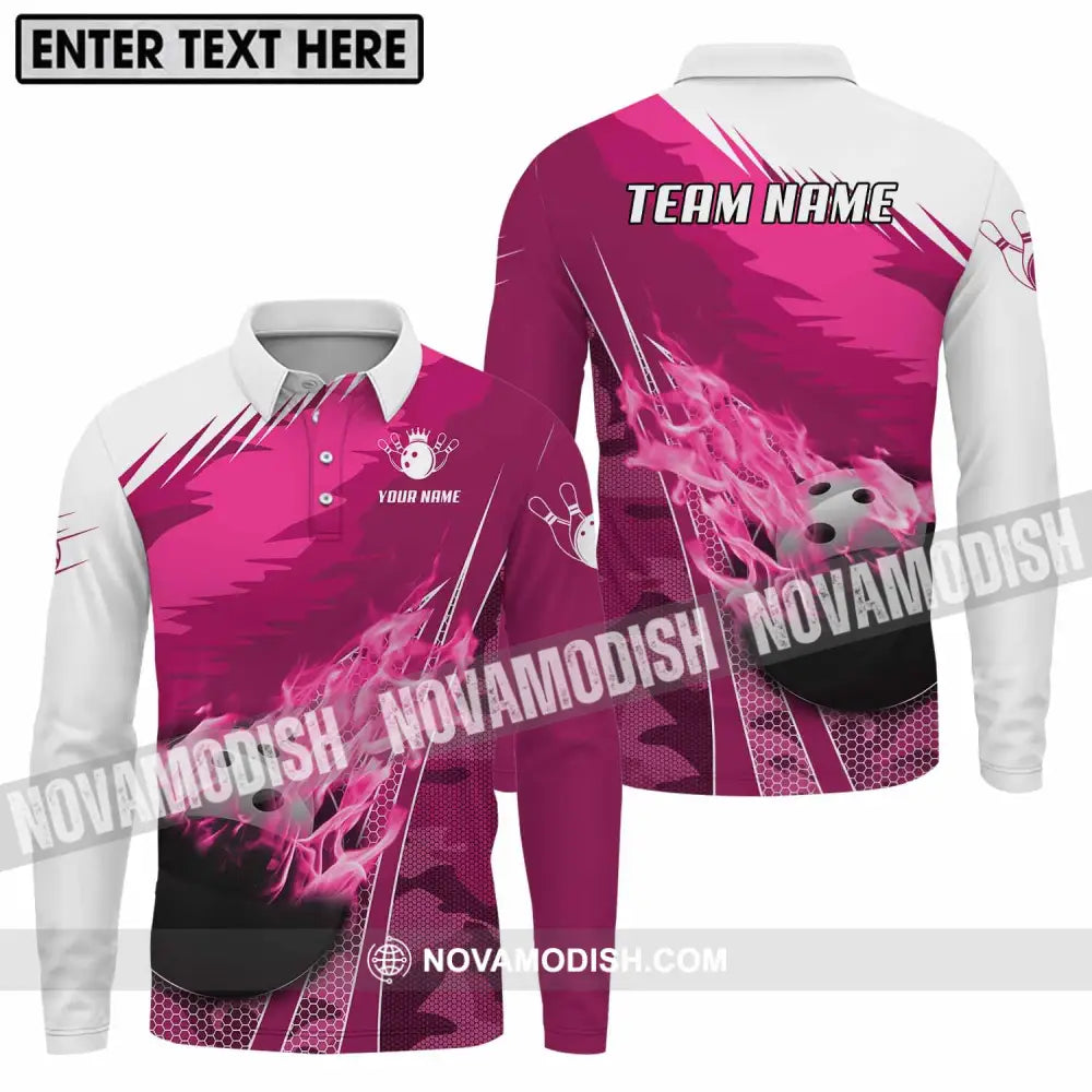 Unisex Shirt - Custom Name And Team Name Shirt White Pink Bowling Long Sleeve Polo / S T-shirt