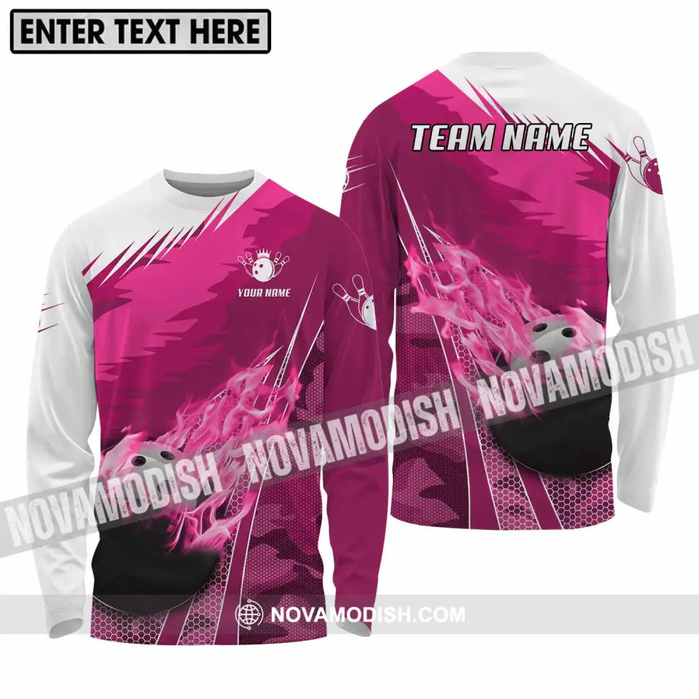 Unisex Shirt - Custom Name And Team Name Shirt White Pink Bowling Long Sleeve Shirt / S T-shirt