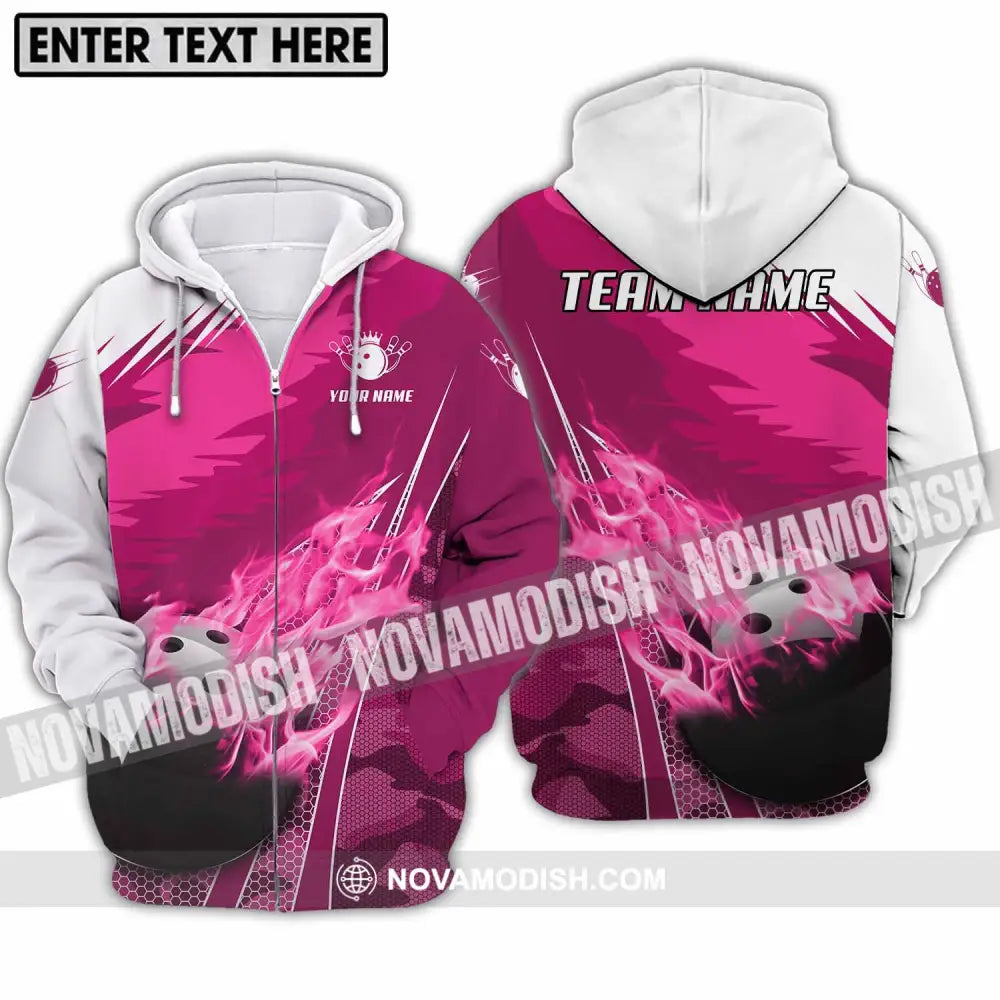 Unisex Shirt - Custom Name And Team Name Shirt White Pink Bowling Zipper Hoodie / S T-shirt